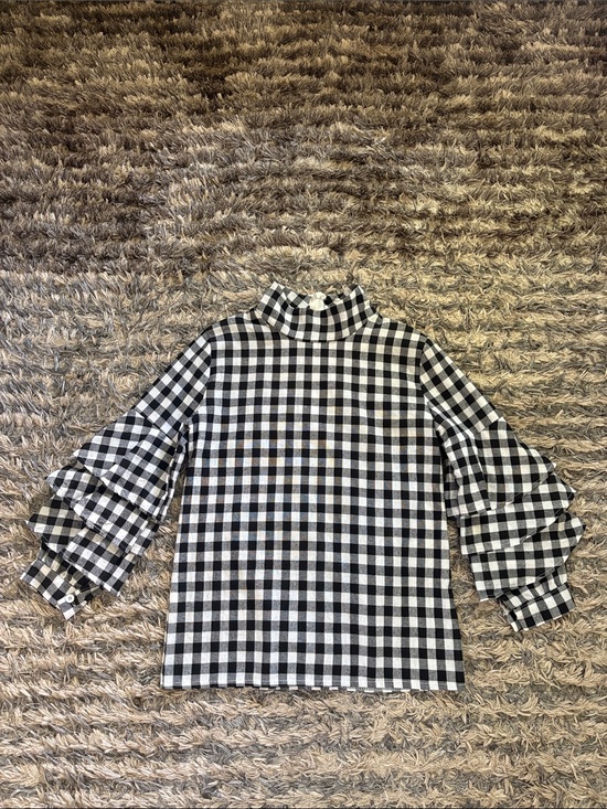 no brand Tops - Black & White Cotton Blend Gingham Ruffle-Sleeve Top XS